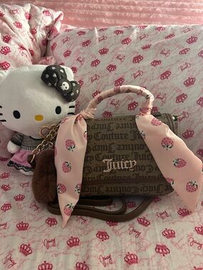 Juicy Couture Brown Monogram Satchel with Pink Strawberry Scarf